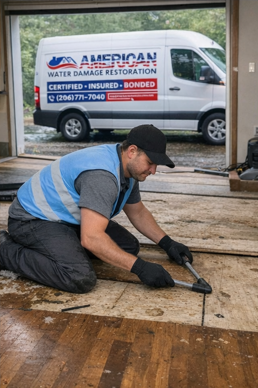 Technician removing damaged hardwood flooring during water damage mitigation with drying equipment set up inside residential home