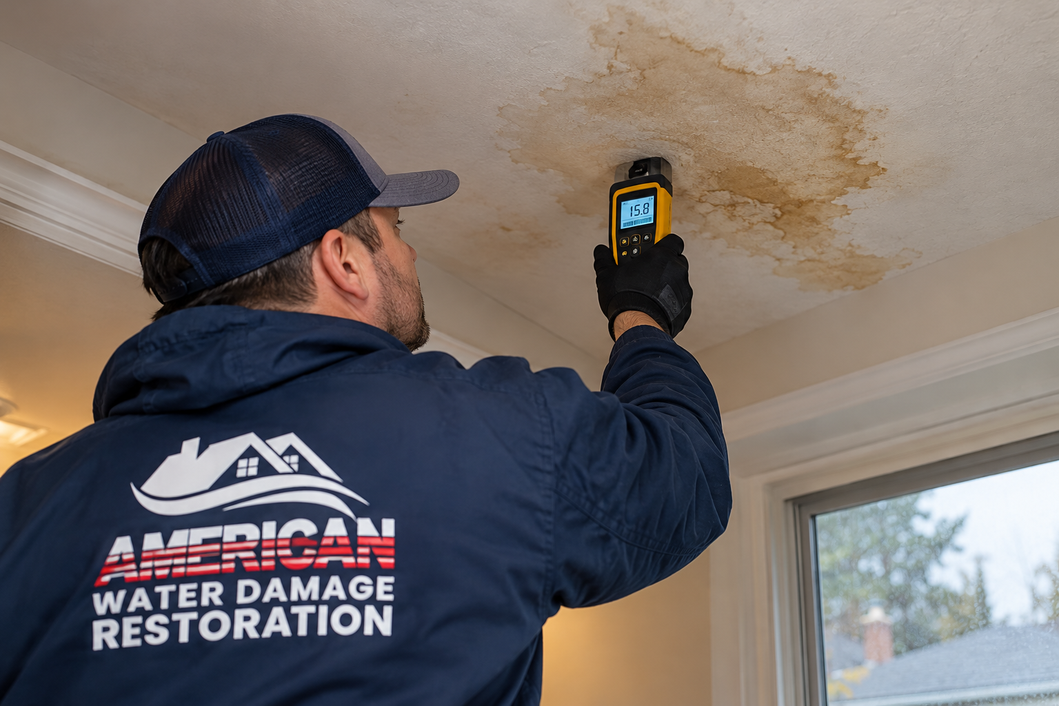 Moisture meter held against a brown ceiling water stain