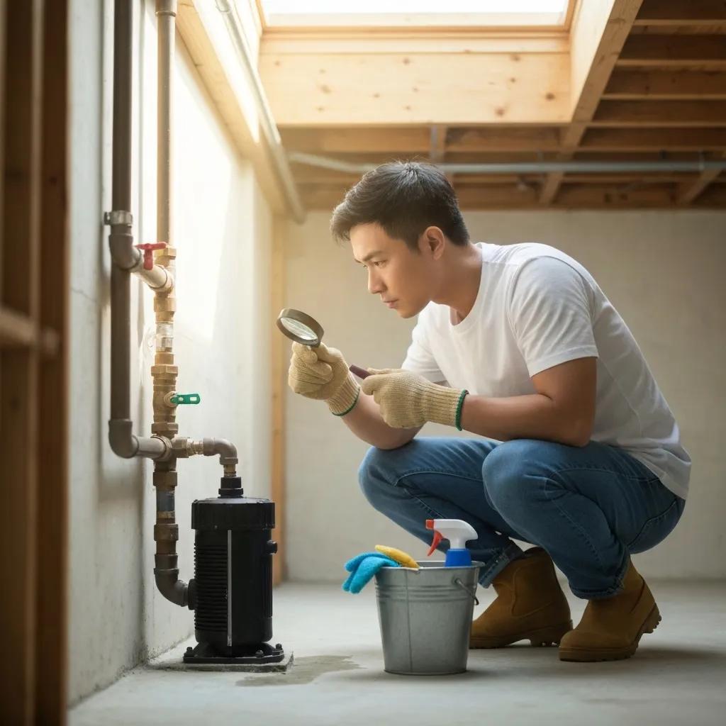 Person inspecting plumbing with a magnifying glass near a sump pump, surrounded by cleaning supplies, emphasizing proactive leak detection and maintenance to prevent water damage and mold growth.