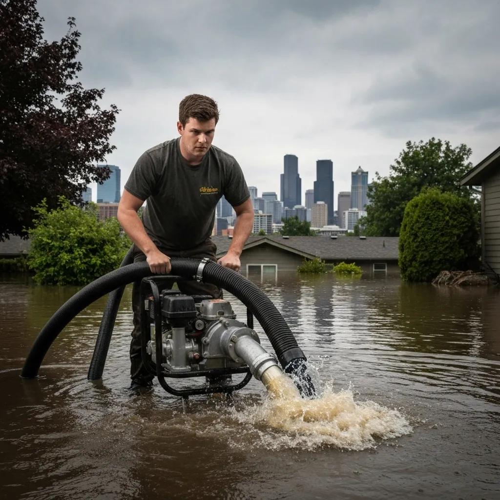 Man operating a water pump in flooded residential area, Seattle skyline in background, highlighting emergency water removal services.