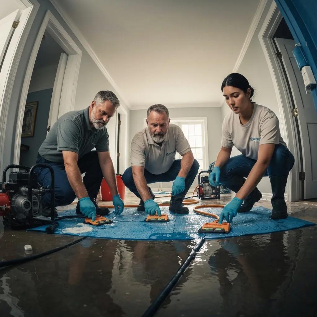 Three technicians in blue gloves conducting emergency water removal in a flooded room, using extraction equipment on a wet floor, emphasizing professional restoration services in Seattle.