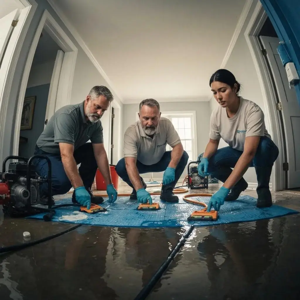 Water restoration team assessing damage in flooded property with moisture mapping tools