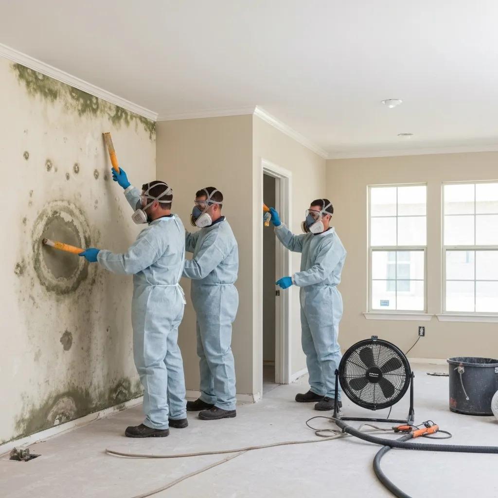 Skilled technicians meticulously performing safe mold removal procedures within a residential setting