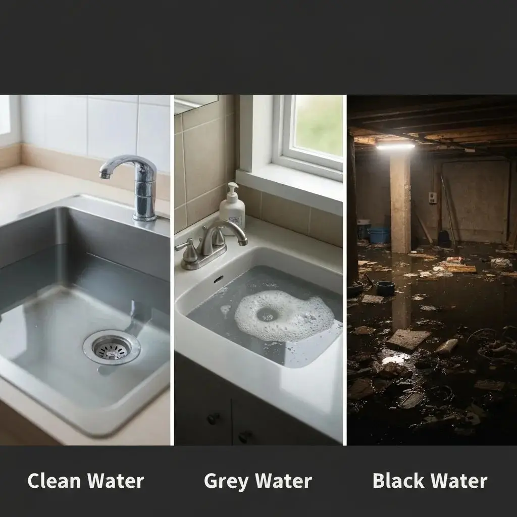 A clear visual representation illustrating the three categories of water damage: clean, grey, and black water