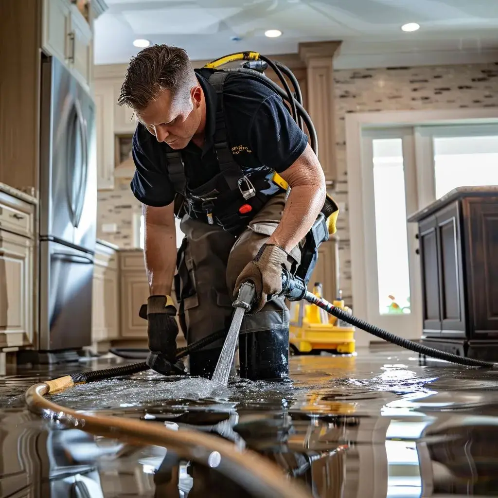 Professional water removal technician extracting water from a flooded home in San Diego