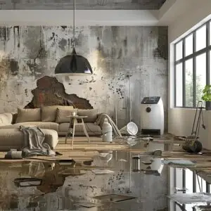 Home interior showing water damage with restoration equipment