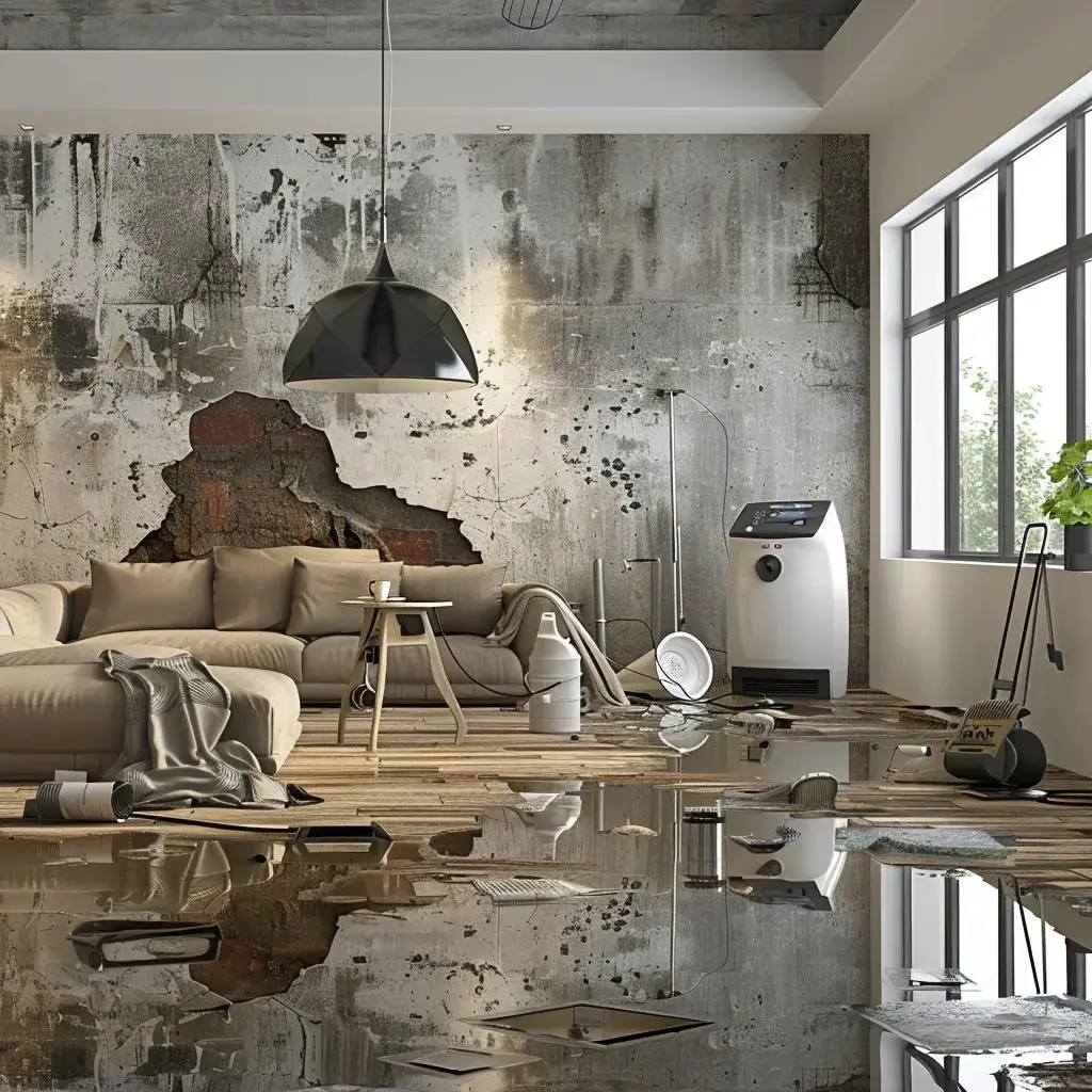 Home interior showing water damage with restoration equipment