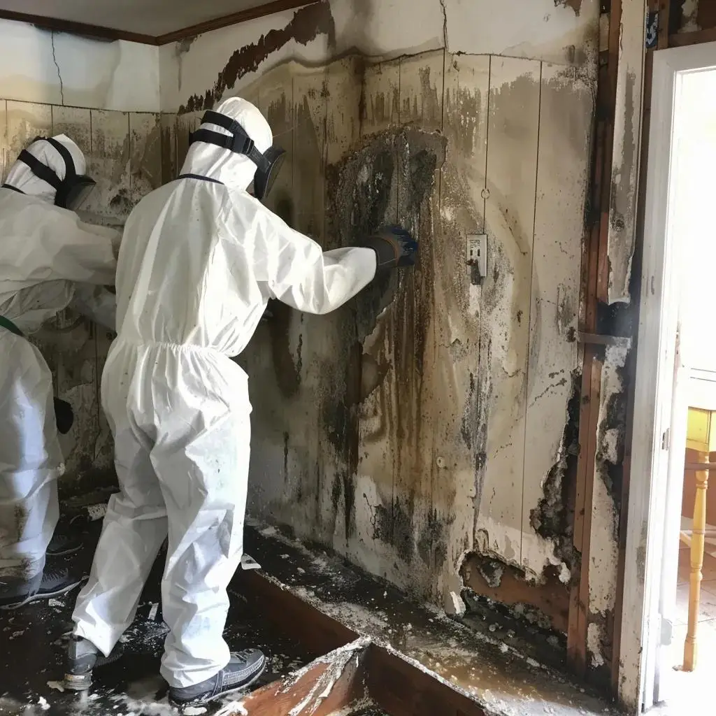 Technicians performing mold remediation in a damp area with visible mold growth