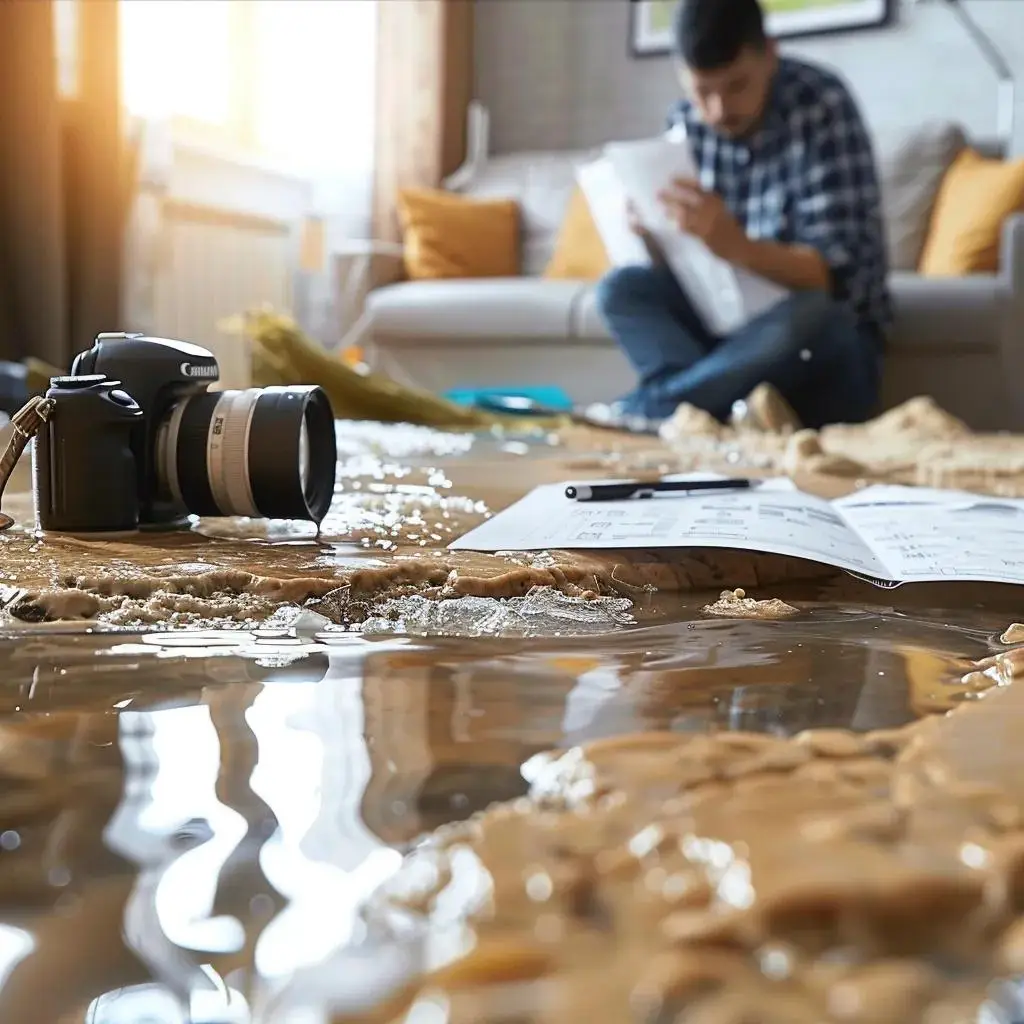 Homeowner documenting water damage for insurance claim with camera and notes