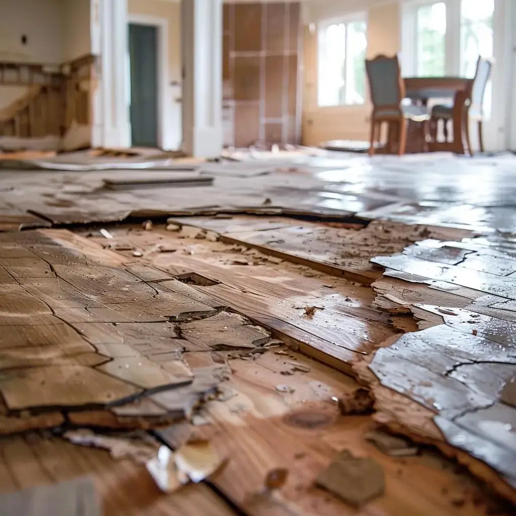 Damaged flooring and warped wood in a home due to delayed water extraction