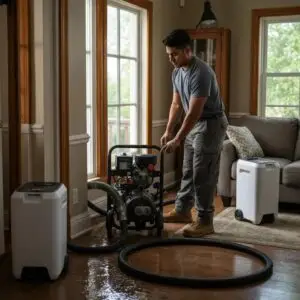 Professional water damage restoration technician using advanced extraction equipment in a flooded home