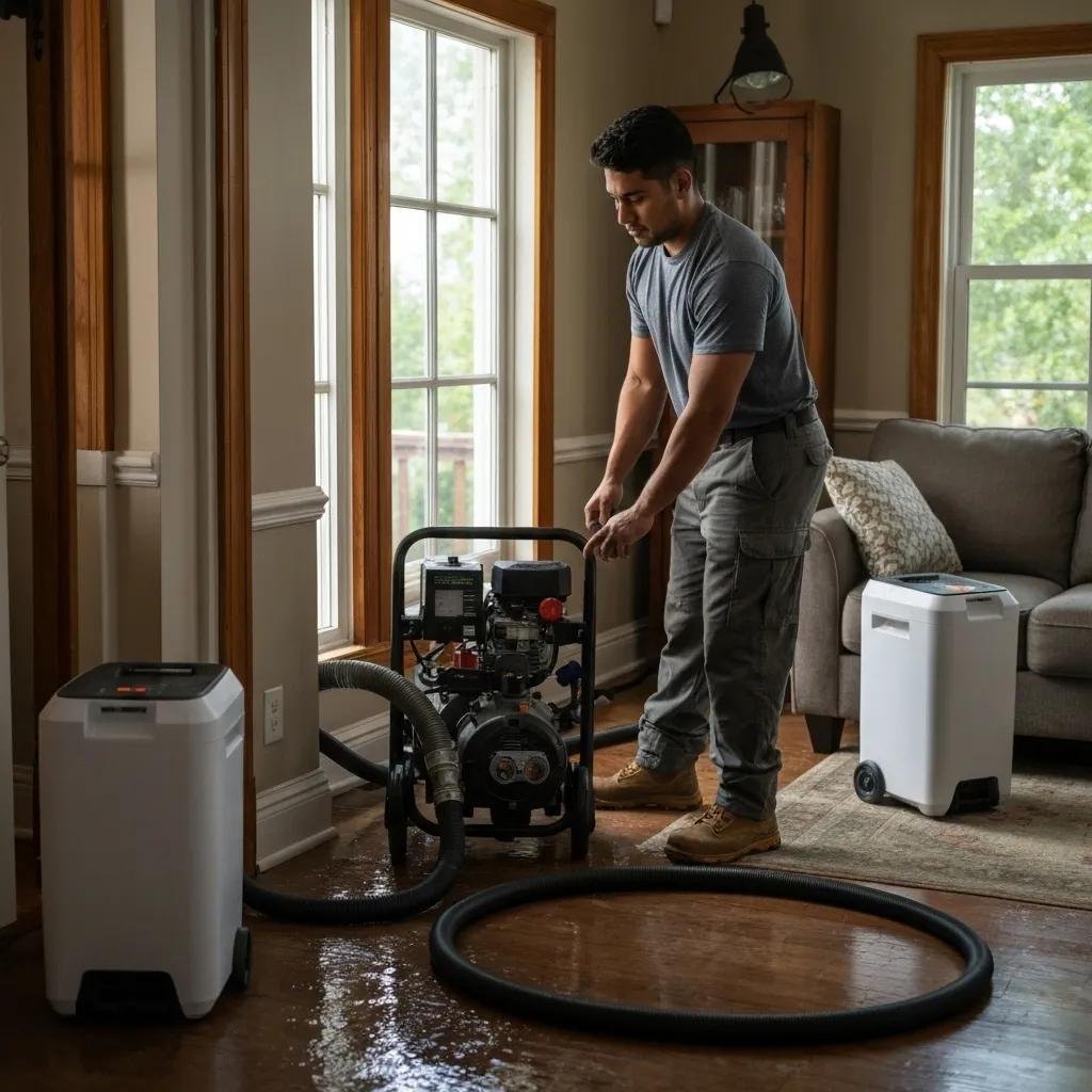 Professional water damage restoration technician using advanced extraction equipment in a flooded home