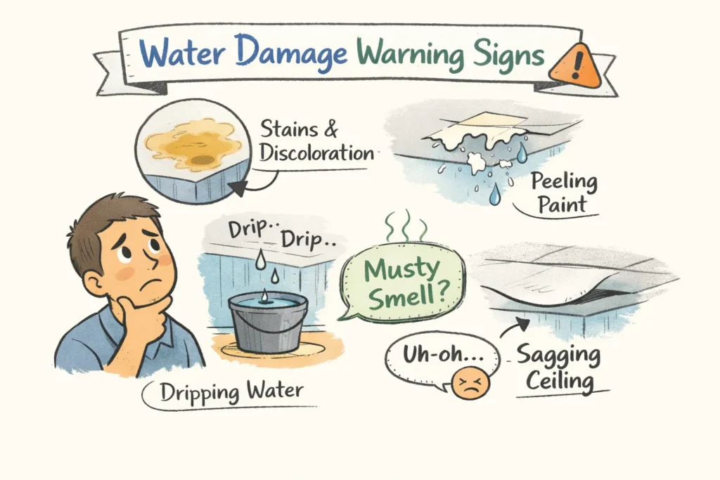 Illustration of water damage warning signs showing ceiling stains, peeling paint, dripping water into a bucket, musty smell, and a sagging ceiling with a worried homeowner.