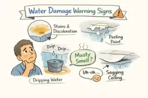 Illustration of water damage warning signs showing ceiling stains, peeling paint, dripping water into a bucket, musty smell, and a sagging ceiling with a worried homeowner.