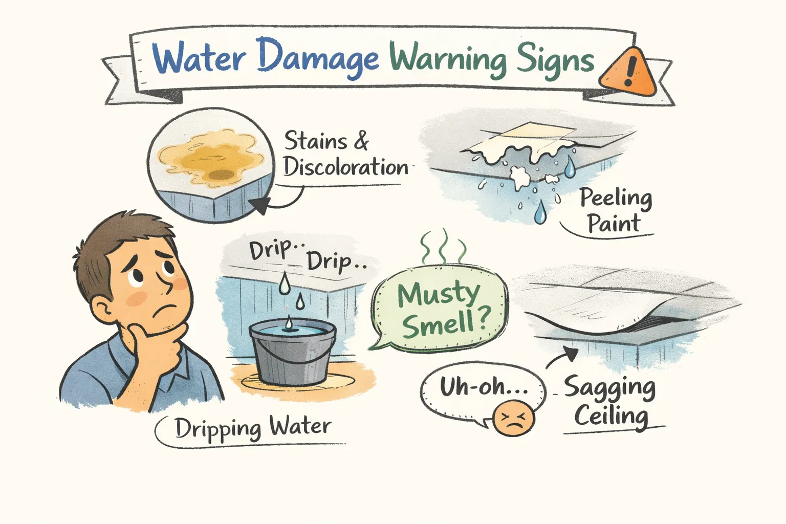 Illustration of water damage warning signs showing ceiling stains, peeling paint, dripping water into a bucket, musty smell, and a sagging ceiling with a worried homeowner.