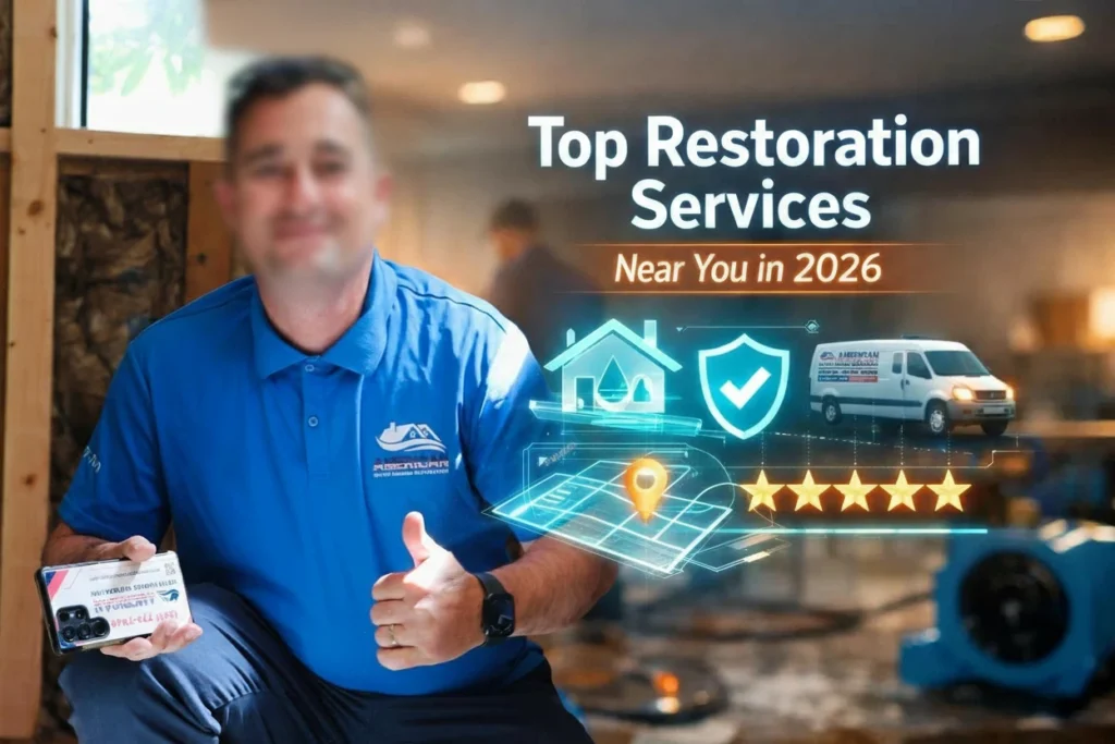 American Water Damage Restoration technician holding blue drying hose in a flooded interior with a branded service van and glowing icons showing a house, shield, map pin, and five-star rating.