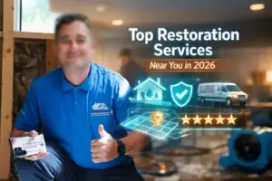 American Water Damage Restoration technician holding blue drying hose in a flooded interior with a branded service van and glowing icons showing a house, shield, map pin, and five-star rating.