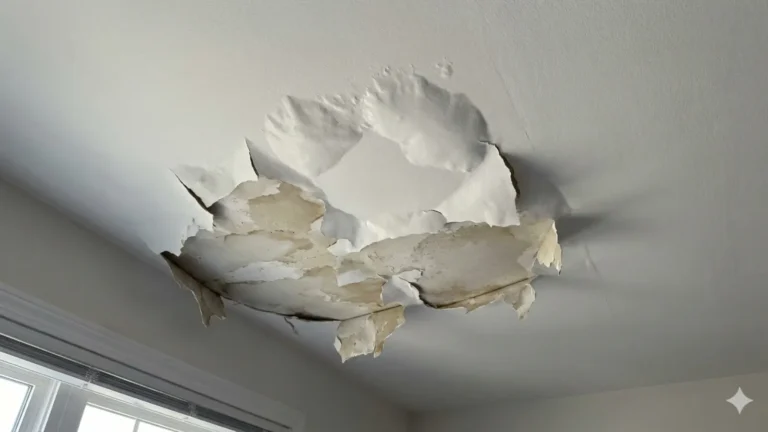 Large section of ceiling with peeling and blistering paint, water stains, and exposed drywall caused by prolonged roof or plumbing leak.