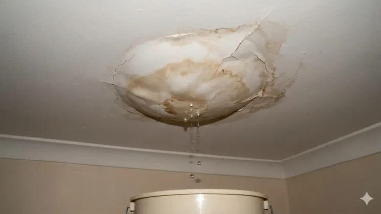 Sagging ceiling with brown water stains, cracked drywall, and visible dripping water indicating severe roof or plumbing leak damage.