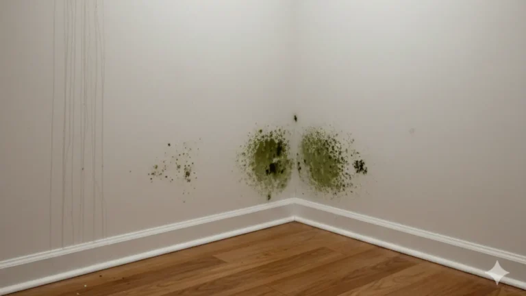 Green and black mold growth on interior wall corner caused by moisture intrusion in Seattle home requiring professional mold remediation.