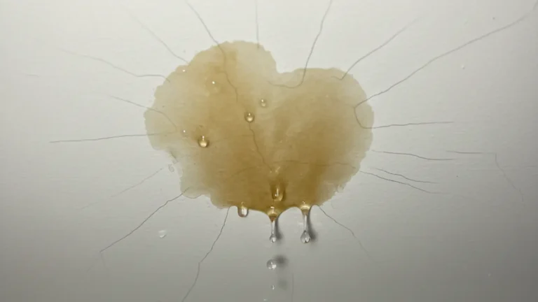 Wet brown water stain on a white ceiling with visible drips and hairline cracks, showing an active ceiling leak and early water damage