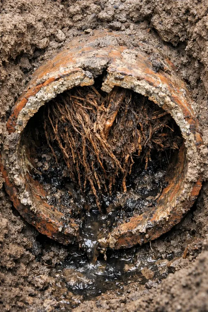 Severely clogged sewer pipe blocked by tree roots causing sewage backup and potential water damage in residential plumbing system