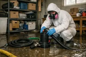 American Water Damage Restoration Technician in protective suit performing sewage backup cleanup and water extraction in flooded Seattle basement using professional pump equipment
