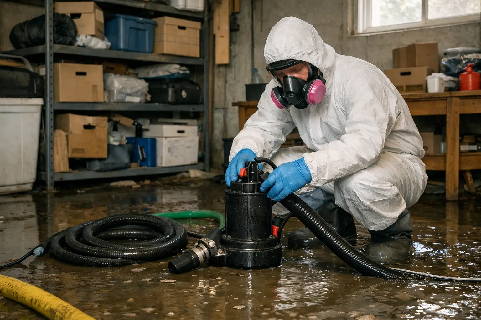 American Water Damage Restoration Technician in protective suit performing sewage backup cleanup and water extraction in flooded Seattle basement using professional pump equipment