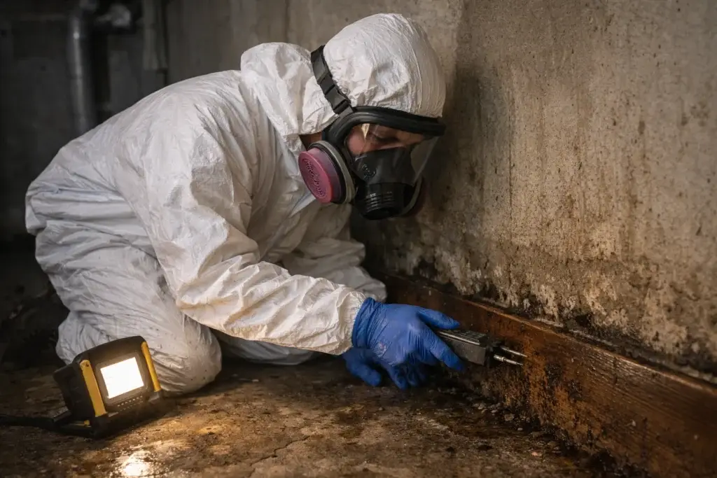 Mold remediation technician in protective suit using moisture meter to inspect basement wall for water damage and microbial growth