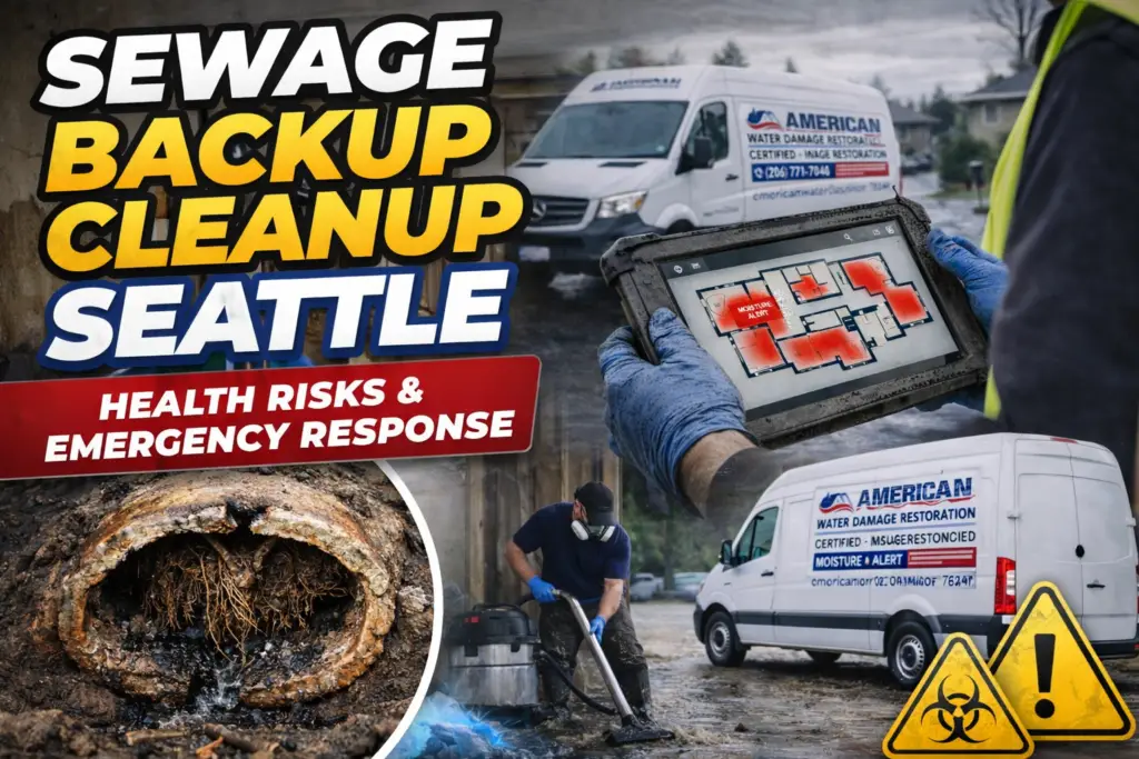 Water damage restoration technicians performing sewage cleanup in flooded garage using wet vacuum and removing contaminated materials