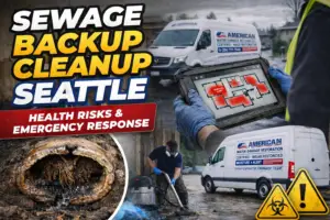 Water damage restoration technicians performing sewage cleanup in flooded garage using wet vacuum and removing contaminated materials