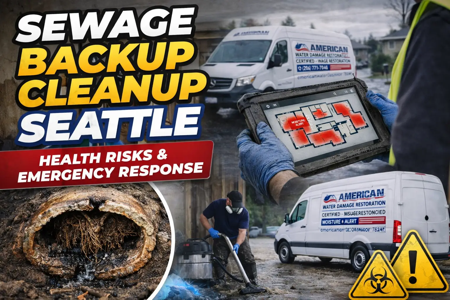 Water damage restoration technicians performing sewage cleanup in flooded garage using wet vacuum and removing contaminated materials