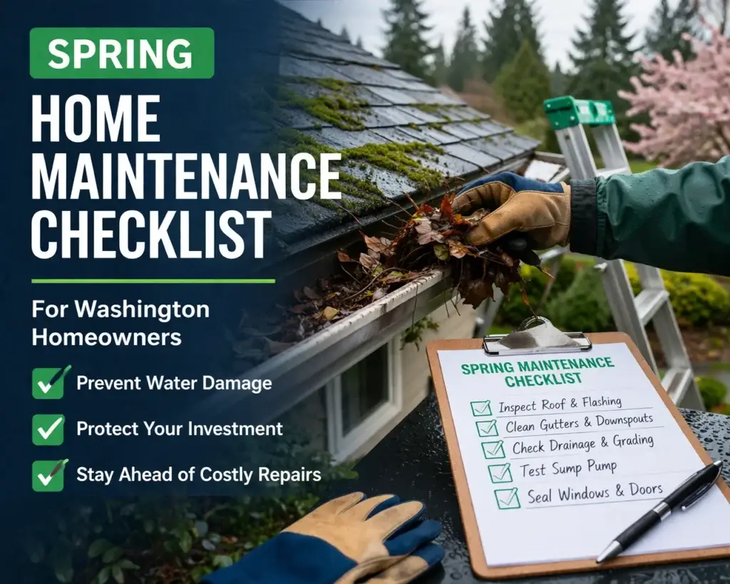 Homeowner cleaning gutters and inspecting roof with checklist during spring maintenance in Washington to prevent water damage