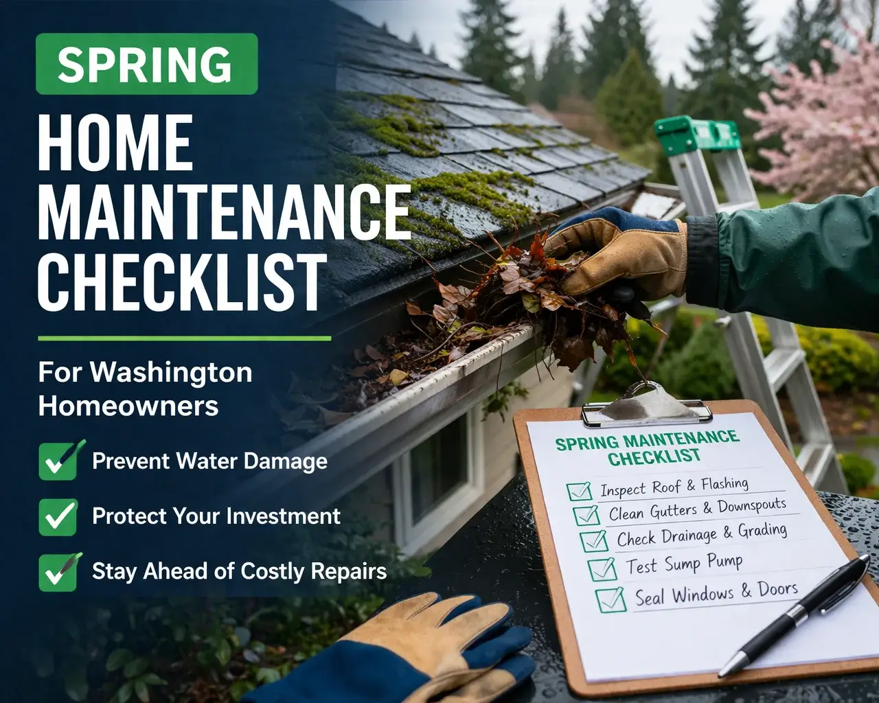 Homeowner cleaning gutters and inspecting roof with checklist during spring maintenance in Washington to prevent water damage