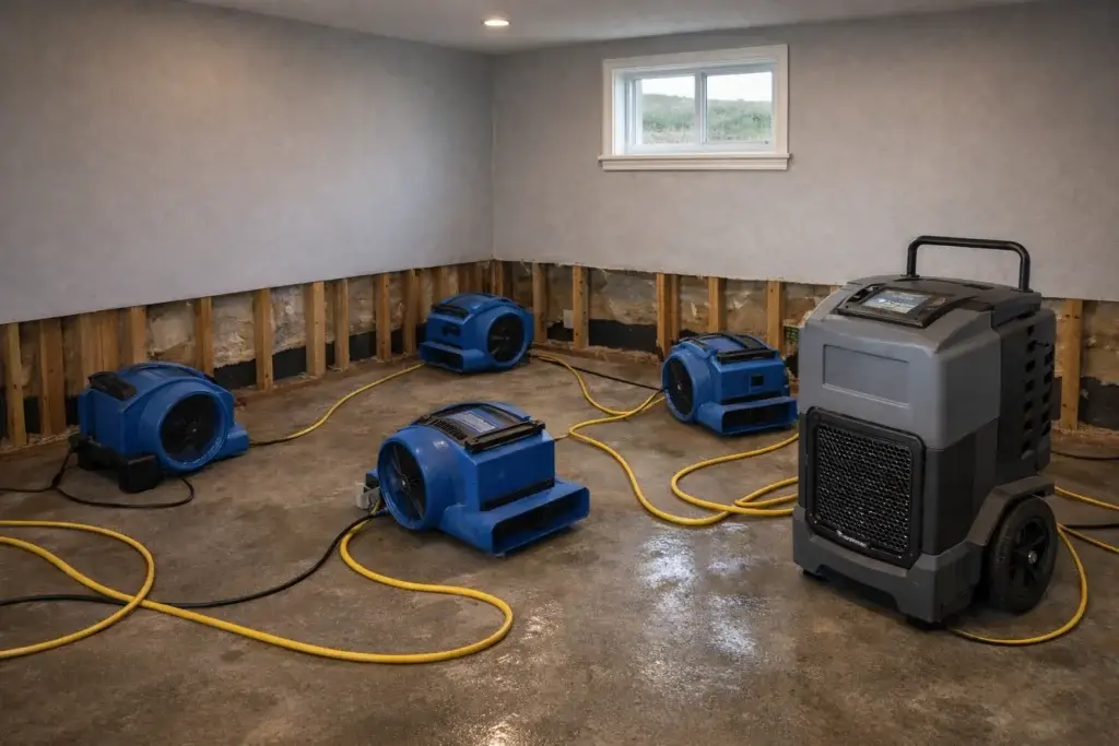 Water damage restoration equipment including air movers and dehumidifier drying exposed wall framing after flood damage cleanup