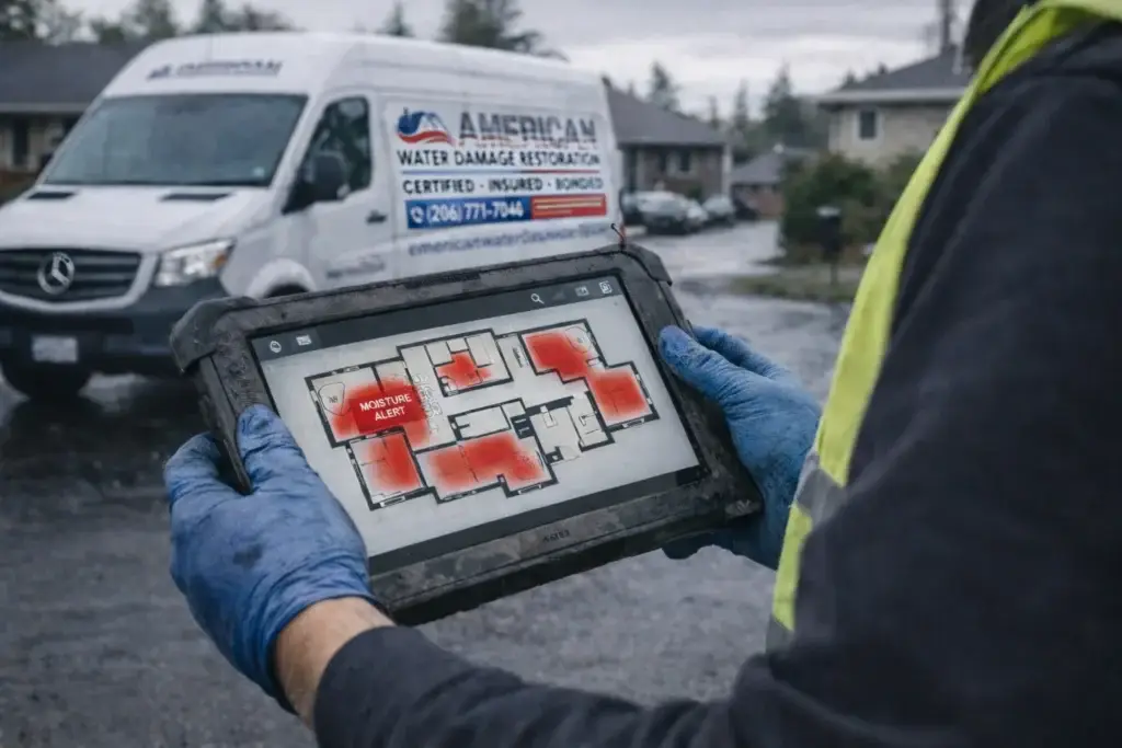 Water damage technician using moisture detection software on tablet with American Water Damage Restoration truck in background during home inspection
