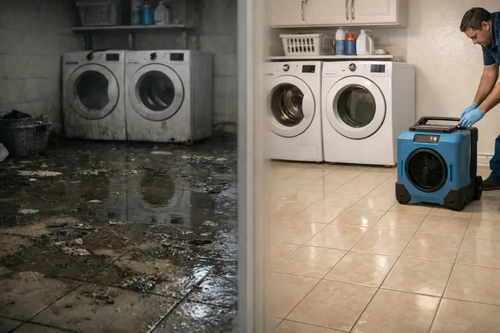 Before and after water damage restoration in a flooded laundry room showing contaminated water cleanup and professional drying equipment in use