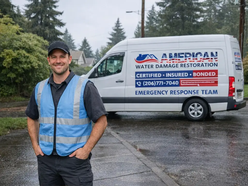 Water damage restoration technician standing in front of American Water Damage Restoration van during emergency response in rainy Seattle neighborhood