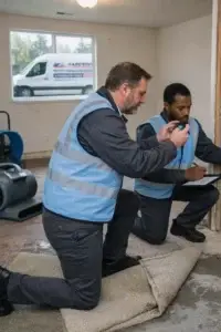 Water damage technicians using moisture meter to inspect wet drywall and flooring inside home during mitigation process
