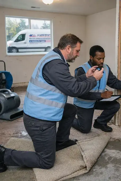 Water damage technicians using moisture meter to inspect wet drywall and flooring inside home during mitigation process